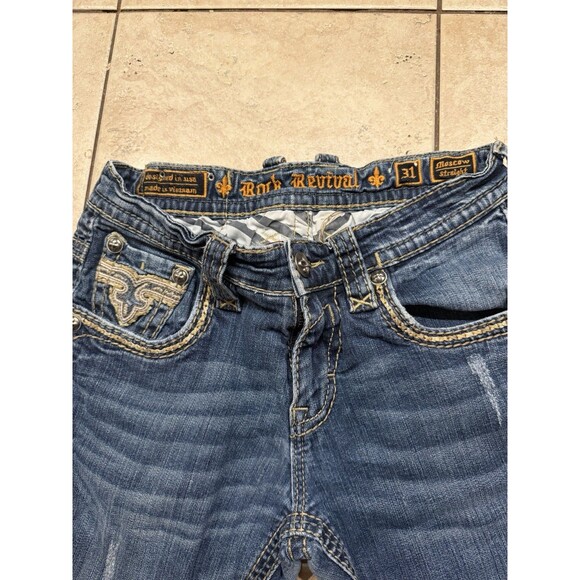 Rock Revival Jeans Mens 31x31 Moscow Straight Thick Stitch Blue Denim Embroider - Picture 6 of 12